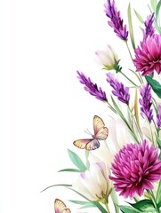 Obraz premium Butterfly and Floral Arrangement Illustration with Lavender Tulips and Chrysanthemum on White Background