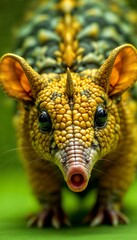 Obraz premium Close Up Portrait of Fictional Orange Scaled Creature with Pink Snout and Black Eyes on Blurred Green Background