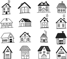 Collection of home icons. House icons set. Hand drawn House collection. Set of houses icons