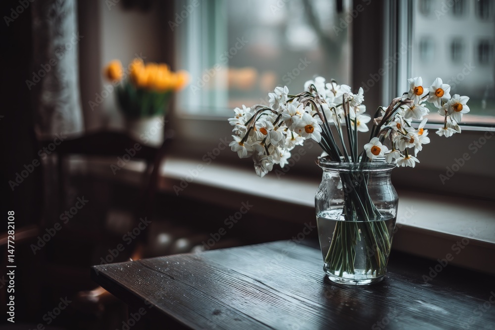 Poster Beautiful spring flowers in a jar placed on a wooden table beside a sunny window with additional blooms in the background