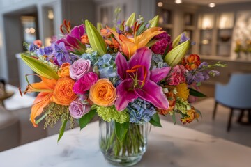 Colorful flower arrangement with lilies, roses, and hydrangeas displayed indoors at a modern venue