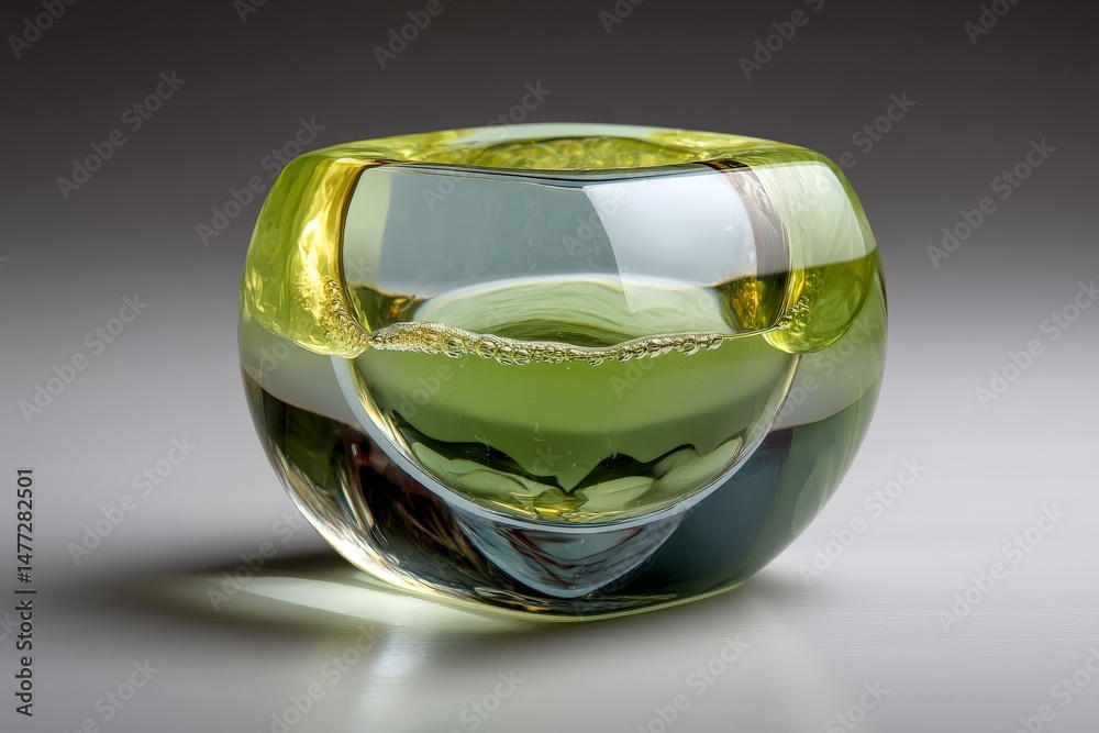 Poster glass sculpture showcasing intricate design with green and clear layers illuminated by soft light