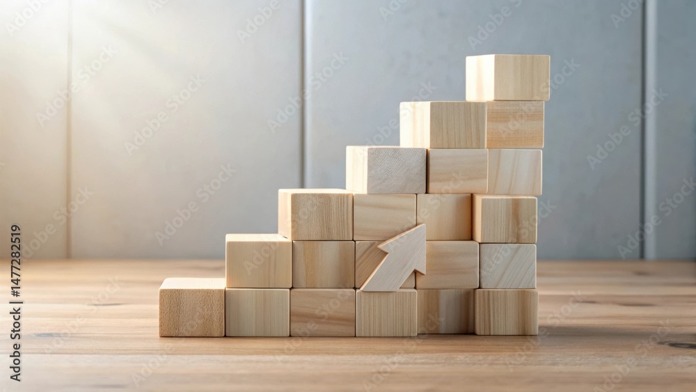 Poster wooden blocks forming ascending staircase with upward arrow symbol illustrating progress and growth