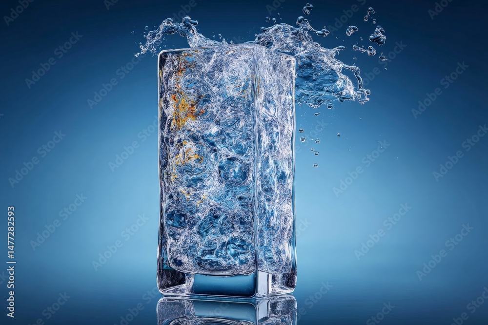 Poster water splashes dramatically from a glass on a blue background, showcasing fluid motion and refreshme