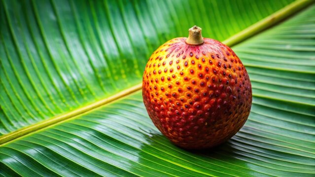 A sharkara varatti fruit sitting on a banana leaf, with its unique texture and vibrant colors, showcasing the natural beauty of Indian cuisine , banana leaf, tropical