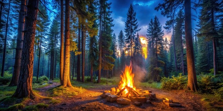 A crackling campfire surrounded by tall trees and lush greenery in a forest clearing at dusk, wilderness, nature