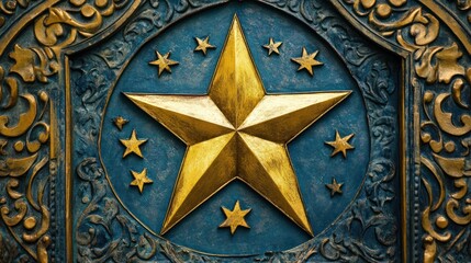 Ornate, decorative golden star emblem on a dark blue background.