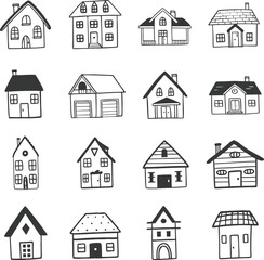 Collection of home icons. House icons set. Hand drawn House collection. Set of houses icons