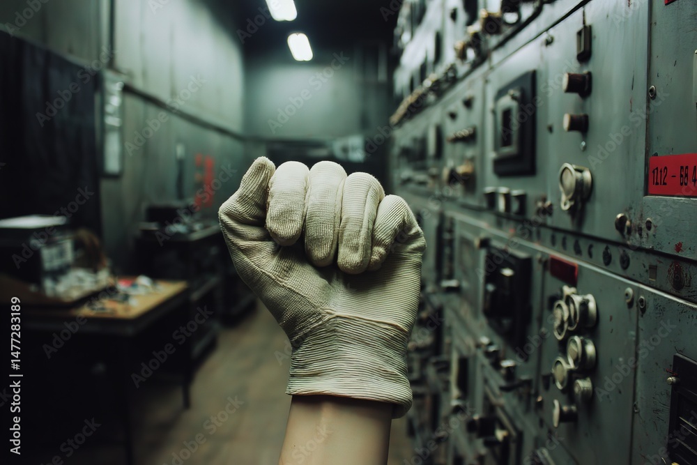 Poster gloved hand forming a fist in an industrial setting with machinery and equipment in the background