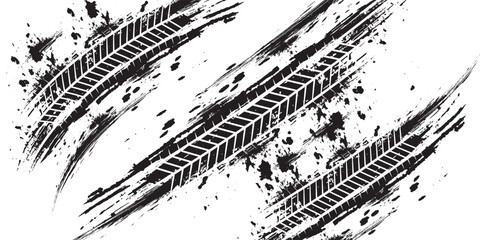 Grunge tire track, wheel braking marks. Truck, car or motorcycle tread pattern silhouette. Auto race, motorsport, speed racing design element. eps 10