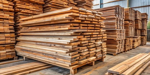 A large stack of teak wood planks in various sizes and thicknesses, some with knots, waiting to be processed into furniture blocks or lumber , furniture manufacturing, natural material
