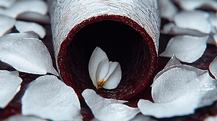 A delicate white flower nestled within a dark, textured tube surrounded by fallen petals