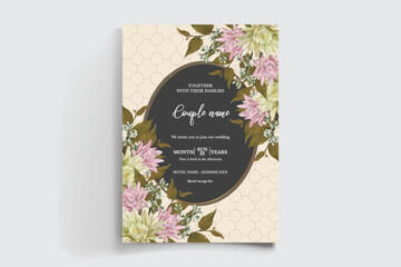 WEDDING INVITATION FRAME WITH FLOWER DECORATIONS AND FRESH LEAVES