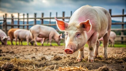 Pig in outdoor pen, grazing , barnyard animals, animal welfare , barnyard animals, animal welfare , nature