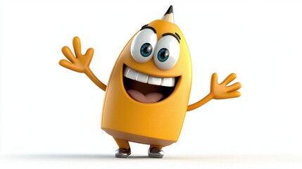 Playful cartoon pencil with wide grin and waving hand, clean white background