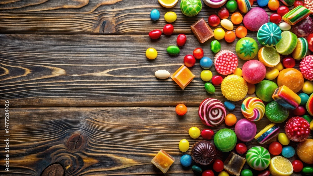 Poster A vibrant assortment of colorful candies and sweets arranged on a rustic wooden surface, creating a delectable and visually appealing display of sugary treats.
