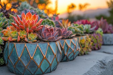 Vibrant succulent garden with geometric planters cascading echeverias golden sunset glow desert-chic aesthetic