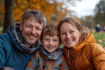 Fototapeta premium Happy smiling family picnic in sunny park playful kids relaxed parents vibrant autumn leaves backdrop