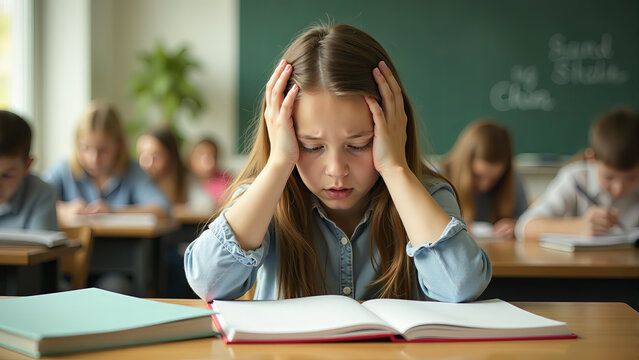 Frustrated Girl Studying In Classroom