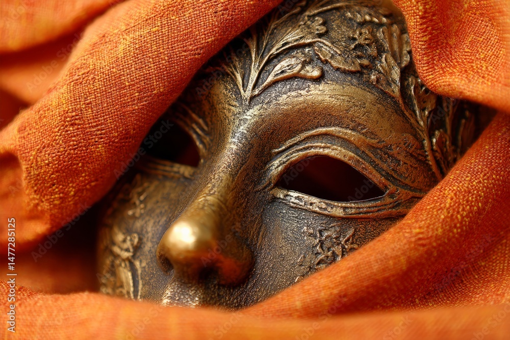 Poster elaborate bronze mask partially draped in vibrant orange fabric resting on a surface