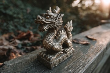 Golden dragon statue displayed on a wooden surface in a forest during sunset