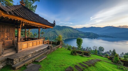 Fototapeta premium Wooden pavilion overlooking lake at sunrise