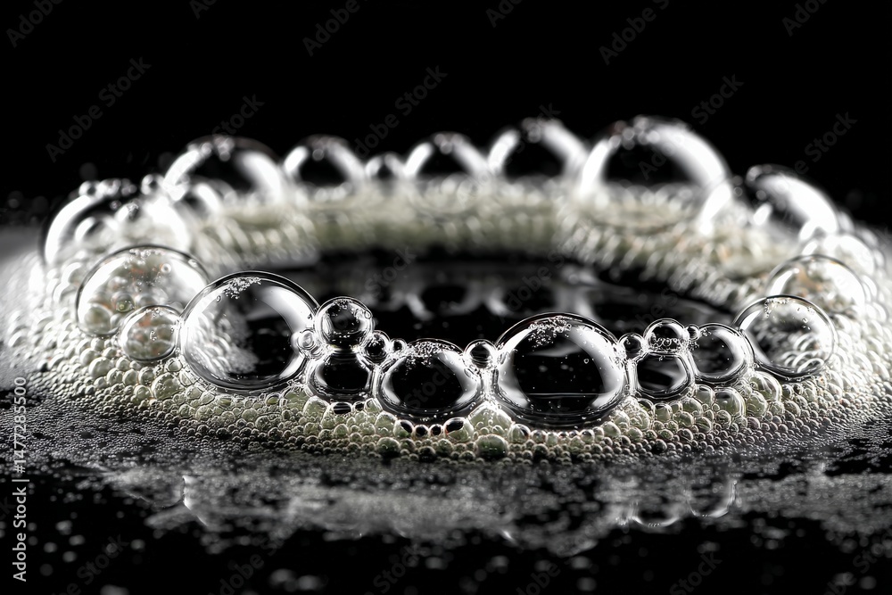 Poster Bubbles floating on a dark surface, creating an enchanting circular pattern in a close-up view