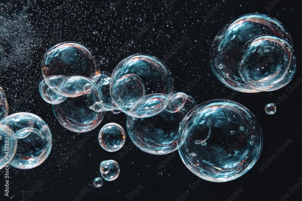Poster Bubbles floating in water create mesmerizing patterns and reflections under soft light during a serene moment