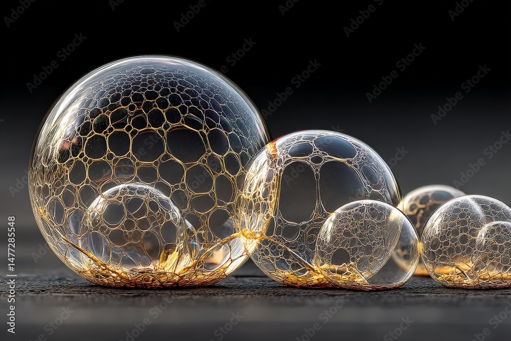 Aufkleber Intricate transparent bubbles with hexagonal patterns reflecting light on a dark surface