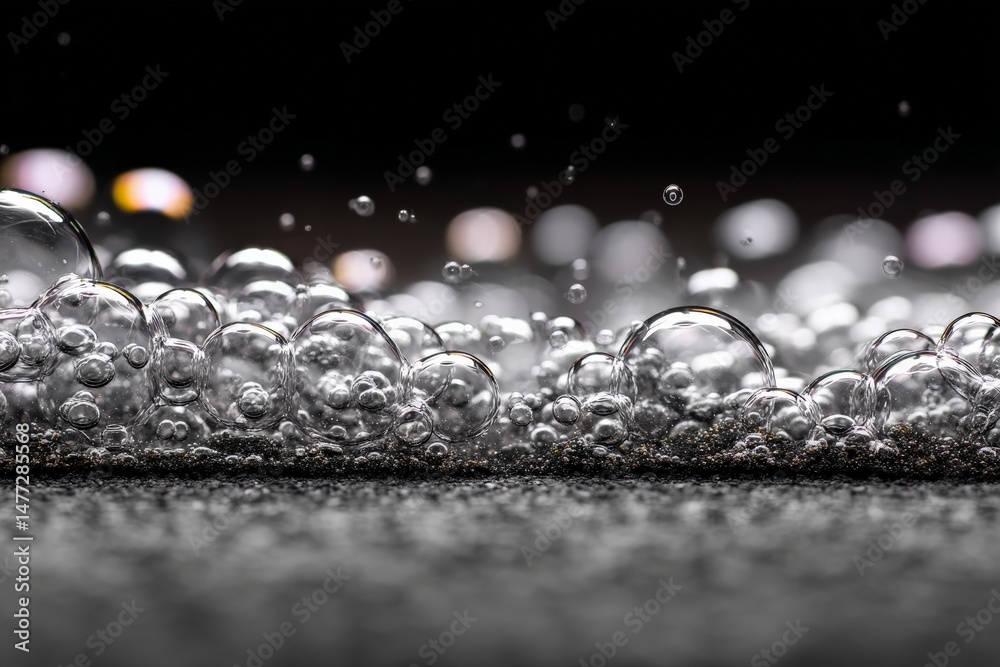 Aufkleber Bubbles forming on a dark surface create a mesmerizing visual contrast at close range during a tranquil moment