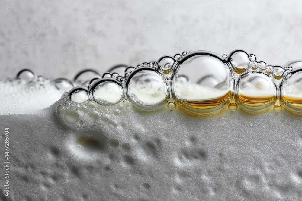 Poster close-up of golden liquid and bubbles forming on frothy surface in a glass during a social gathering