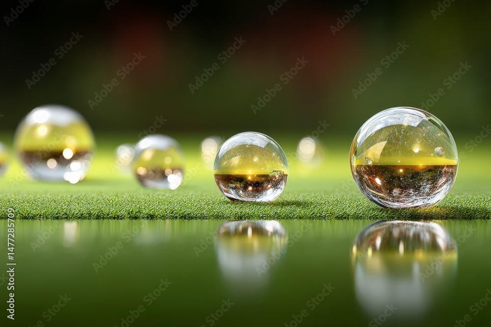 Poster reflection of spheres on grassy surface at twilight with golden hues and contrasting colors