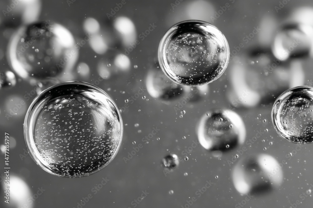 Poster Bubbles rising in clear liquid against a dark background creating a mesmerizing visual effect