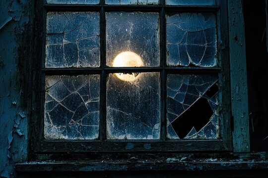 Broken window in an abandoned house shattered glass reflecting moonlight eerie and mysterious atmosphere