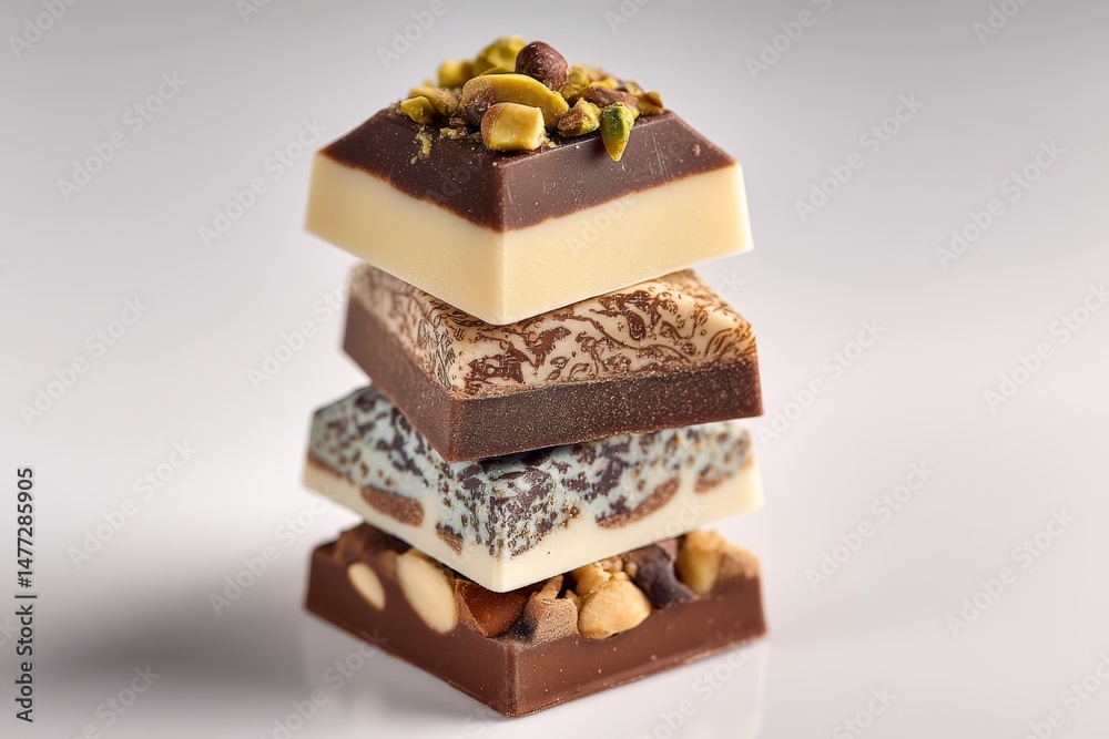 Poster deliciously layered chocolate squares with nuts and intricate designs presented on a clean surface