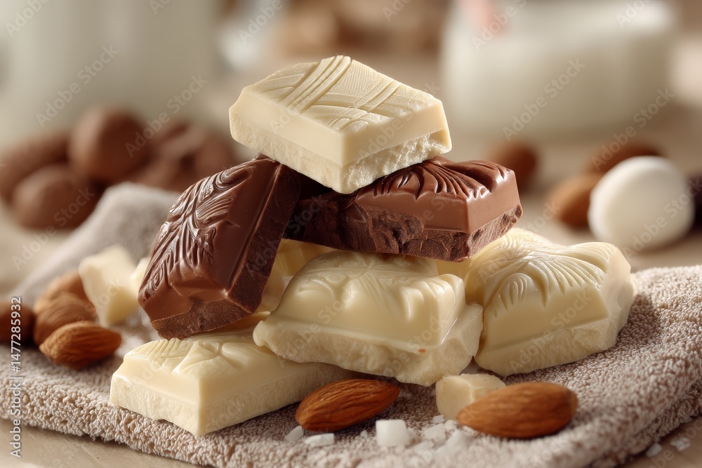 Poster chocolates stacked with almonds on a soft cloth in a cozy kitchen setting during daylight