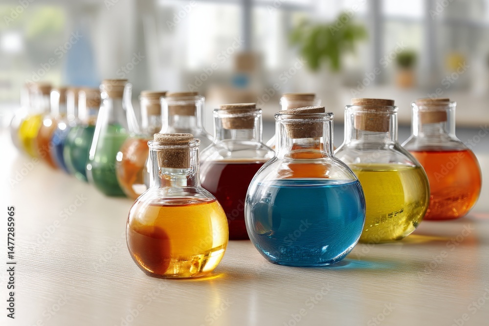 Aufkleber colorful collection of laboratory glass flasks filled with vibrant liquids on a bright countertop in