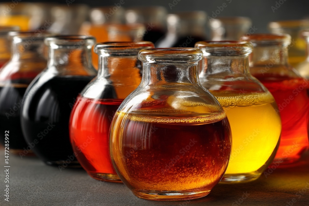 Aufkleber Colorful array of liquid samples displayed in small glass containers on a table in a laboratory setting