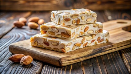 Fototapeta premium Classic Italian torrone nougat made with whole roasted almonds and a touch of honey, perfectly arranged on a rustic wooden board, food styling, honey