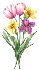 Obraz premium Spring flowers bouquet, iris, tulips