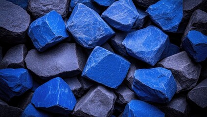 Close-up of various shades of blue and gray rocks, tightly packed together.  Textured, natural look with uneven shapes