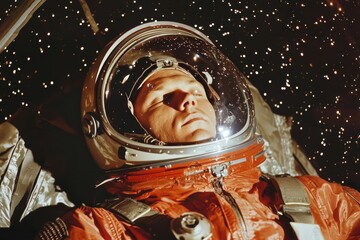 The cosmonaut to fly into space floating among stars in vintage spacesuit retro-futuristic