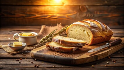 Sunlight illuminates a slice of freshly baked bread on a wooden board with a pat of melted butter, rustic ambiance, culinary art