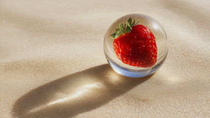 Bright strawberry placed on soft sand glistens