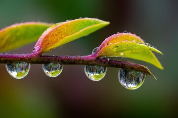 Close-up of raindrops on colorful leaves in a lush garden after rainfall during early morning hours