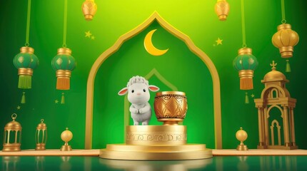 A charming lamb stands beside a drum beneath a crescent moon, bathed in a festive green glow.