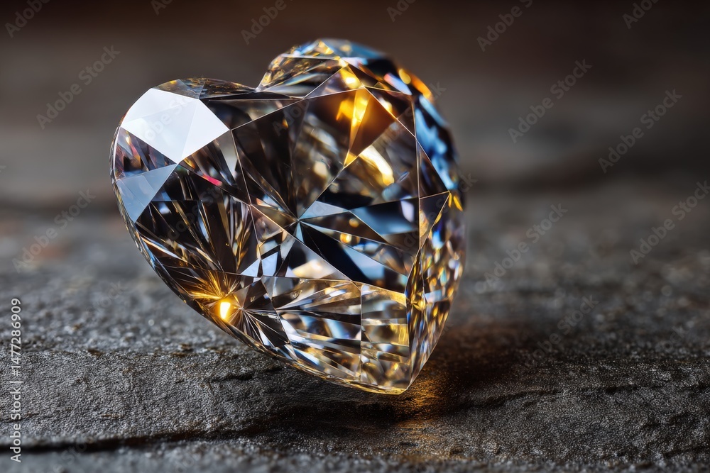 Poster heart-shaped diamond sparkles on a dark stone surface highlighting its intricate cuts and reflection