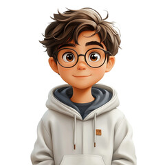 Cute Cartoon Boy in Hoodie Glasses on Transparent Background