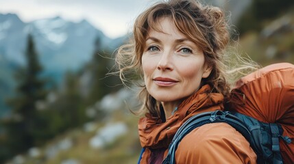 Vibrant woman in her 50s hiking wind in her hair mountain backdrop adventurous spirit ageless energy