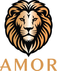 Obraz premium Golden lion head above the word amor in gold font